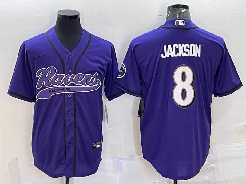 Men%27s Baltimore Ravens #8 Lamar Jackson Purple With Patch Cool Base Stitched Baseball Jersey